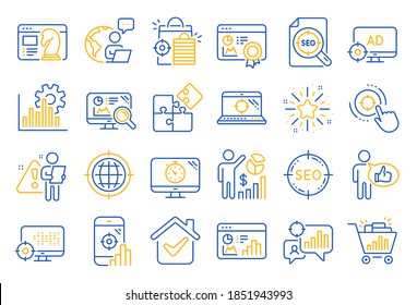 Seo line icons. Set of Increase sales, Business Ad strategy and Website optimization icons. Puzzle, Web seo timer and Analytics increase graph. Search engine, Ad sales pie chart, like icon. Vector