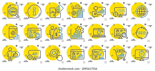 Seo line icons. Set of Increase sales, Business Ad strategy and Website optimization icons. Puzzle, Web seo timer and Analytics increase graph. Search engine, Ad sales pie chart, like icon. Vector