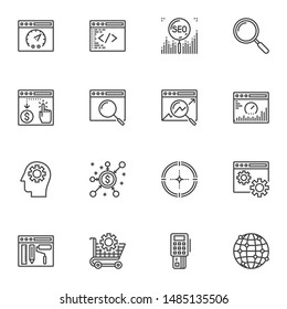SEO line icons set. linear style symbols collection outline signs pack. vector graphics. Set includes icons as search engine optimization, coding window, speed test, browser search bar, global network