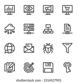 SEO line icons set. linear style symbols collection outline signs pack. vector graphics. Set includes icons as computer monitor, network, cloud computing, virus bug, key, target, server, shopping