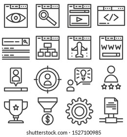 SEO line icons set. linear style symbols collection, outline signs pack. vector graphics. Set includes icons as web search, monitoring, developing, browser window, webpage, website flowchart, settings