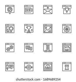 SEO line icons set. linear style symbols collection, outline signs pack. Digital online marketing vector graphics. Set includes icons as search engine optimization, website settings, web analytics