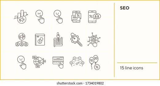 SEO line icons. Set of line icons. Mobile in hand, balloons with numbers. Finance concept. Vector illustration can be used for topics like banking, business