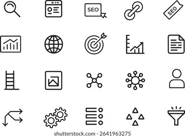 SEO Line Icons Set. Optimization, Analytics, Keywords, Ranking. Vector Illustration. Editable Stroke	