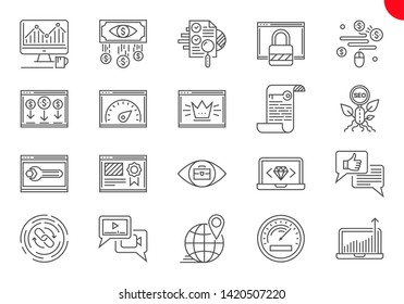 SEO Line Icons Set. SEO Related Vector Line Icons. Website and APP Design and Development. Simple Mono Line Pictogram Pack. Stroke Vector Logo Concept, Web Graphic. Vector icons. Editable Stroke.