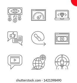 SEO Line Icons Set. SEO Related Vector Icons. Target audience, video marketing, backlinks, landing page, clean code, perfomance, social engagement, cost per impression. Editable Stroke