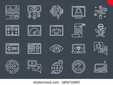 SEO Line Icons Set. SEO Related Vector Line Icons. Website and APP Design and Development. Simple Mono Line Pictogram Pack. Stroke Vector Logo Concept, Web Graphic. Vector icons. Editable Stroke.