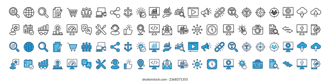 SEO line icons set. Search Engine Optimization icon symbol collection. Search, analytics, marketing, analysis, traffic, link, development, optimization, websites, social media, business, and other	
