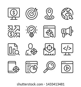 SEO Line Icons Set. Target Marketing. Modern Linear Graphic Design Concepts, Simple Outline Elements Collection. Vector Line Icons