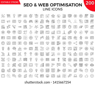 SEO Line Icons Set. Thin Line Icons Set of Search Engine Optimization, Website and APP Design and Development. Simple Line Pictogram Pack. Logo Concept, Web Graphic. Vector icons. Editable Stroke.