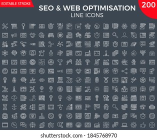 SEO Line Icons Set. Thin Line Icons Set of Search Engine Optimization, Website and APP Design and Development. Simple Line Pictogram Pack. Logo Concept, Web Graphic. Vector icons. Editable Stroke.