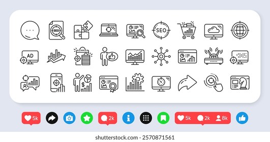 Seo line icons. Social media: share, comment, like icons. Set of Business Ad strategy, Increase sales and Website optimization icons. Puzzle, Web seo timer and Analytics increase graph. Vector