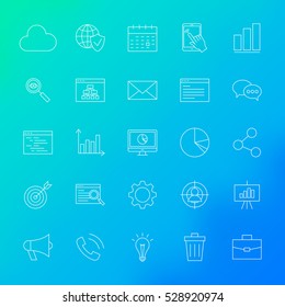 SEO Line Icons. Vector Set of Outline Website Development Items over Blurred Background.