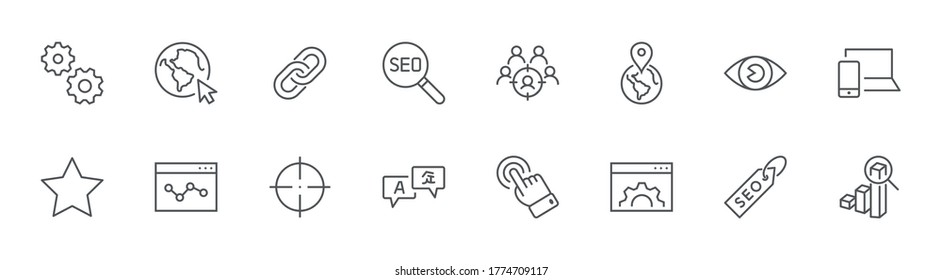 SEO Line Icons. Web icon, Eye, Localization, Link, Translate. Editable Stroke