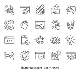 Seo Line Icons. Website Stats, Target And Increase Sales Signs. Traffic Management, Social Network And Seo Optimization Icons. Gear Wheel, Search Engine And Increase Mobile Sales. Vector