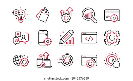 Seo line icons. Website stats, Target and Increase sales signs. Traffic management, social network and seo optimization icons. Linear set. Linear set. Quality line set. Vector