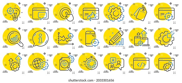 Seo Line Icons. Website Stats, Target And Increase Sales Signs. Traffic Management, Social Network And Seo Optimization Icons. Gear Wheel, Search Engine And Increase Mobile Sales. Vector