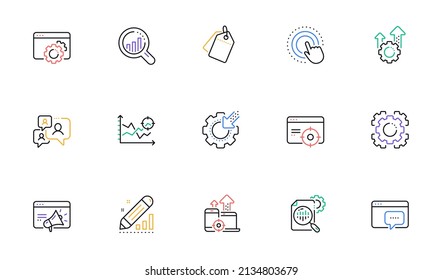 Seo line icons. Website stats, Target and Increase sales signs. Traffic management, social network and seo optimization icons. Linear set. Bicolor outline web elements. Vector