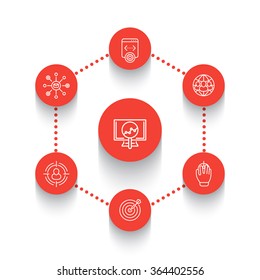 seo line round icons, search engine optimization, internet marketing, web page indexing, seo tools icons over white, vector illustration