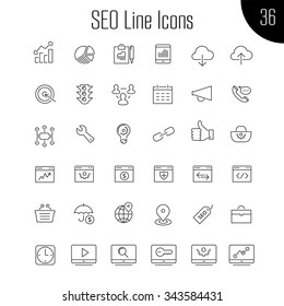 SEO line thin icons. 36 items collection, isolated on white background, 10 eps