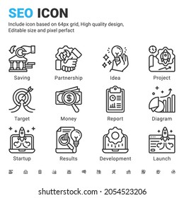 Seo line vector icon set with outline style isolated on white background. illustration seo sign symbol concept for digital IT, web business, technology and search engine optimization. Editable stroke