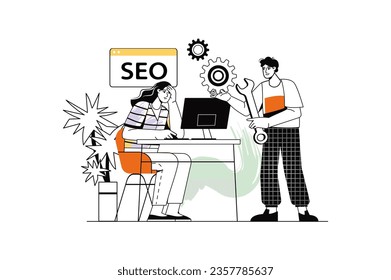 SEO linear concept with people scene in the flat cartoon design. A team of specialists is trying to optimize the work of the websites that need to increase profits for client. Vector illustration.