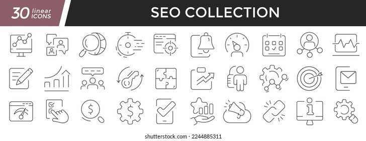 Seo linear icons set. Collection of 30 icons in black