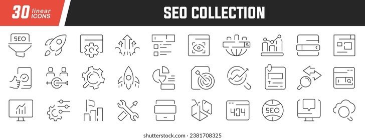 Lineare Symbole setzen. Sammlung von 30 Symbolen auf Schwarz