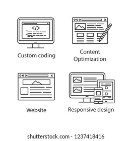 SEO linear icons set. Custom coding, content editing, website, responsive design. Thin line contour symbols. Isolated vector outline illustrations. Editable stroke