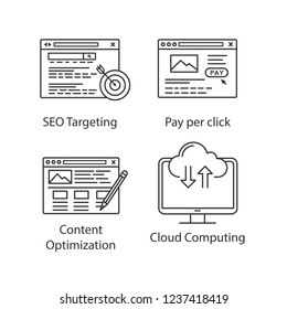SEO linear icons set. Targeted advertising, pay per click, content editing, cloud computing. Thin line contour symbols. Isolated vector outline illustrations. Editable stroke