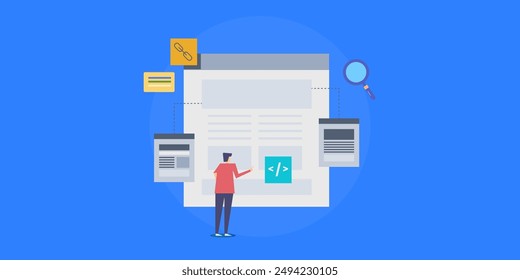 SEO link building, Connecting web pages with internal link. SEO expert link building strategy, Link analysis - vector illustration with icons
