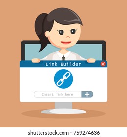 SEO Link building hold by businesswoman in monitor PC