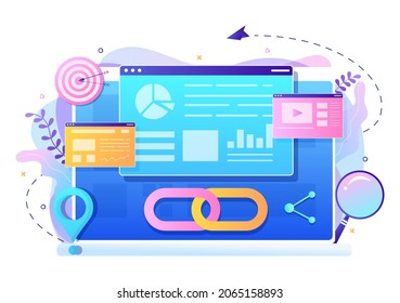 Construcción de enlaces SEO como Optimización de motores de búsqueda, Marketing y Digital para Desarrollo de páginas de inicio o Ilustración de vectores de aplicaciones móviles