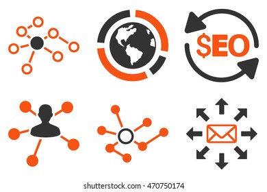 Seo Link Building vector icons. Pictogram style is bicolor orange and gray flat icons with rounded angles on a white background.