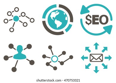 Seo Link Building vector icons. Pictogram style is bicolor grey and cyan flat icons with rounded angles on a white background.