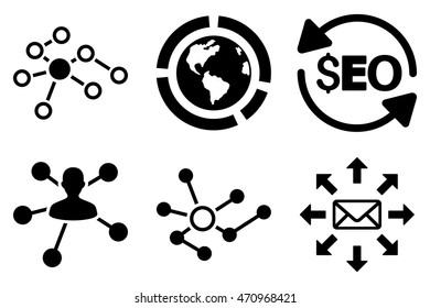 Seo Enlace Construyendo iconos vectoriales. El estilo del pictograma es iconos planos negros con ángulos redondeados sobre un fondo blanco.