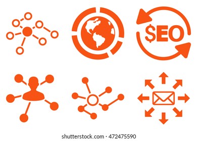 Seo Link Building vector icons. Pictogram style is orange flat icons with rounded angles on a white background.