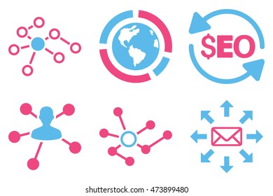 Seo Link Building vector icons. Pictogram style is bicolor pink and blue flat icons with rounded angles on a white background.