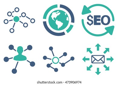 Seo Link Building vector icons. Pictogram style is bicolor cobalt and cyan flat icons with rounded angles on a white background.