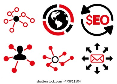 Seo Link Building vector icons. Pictogram style is bicolor intensive red and black flat icons with rounded angles on a white background.