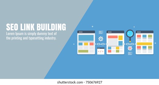 SEO, Link Building, Website optimization flat vector banner concept with icons and elements