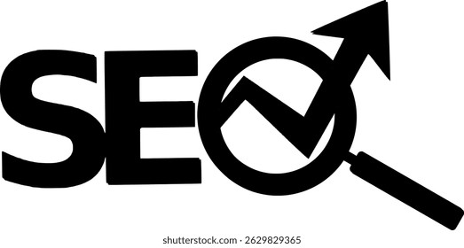 Logotipo SEO com lupa e seta de crescimento; conceito de otimização.