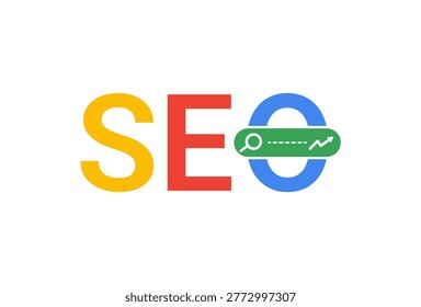 Seo logo search engine optimization concept with colorful letters and search bar 