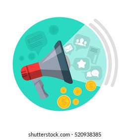 SEO loud speaker web button. Messages, mails, people, chats, money come from speaker. Business marketing, infographic information, social chart, data development and research. Vector illustration