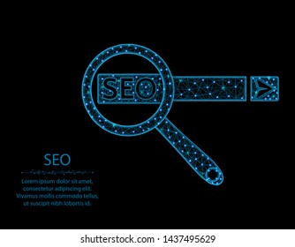 SEO low poly design, magnifying glass in polygonal style, find website in search engines. Vector illustration on black background
