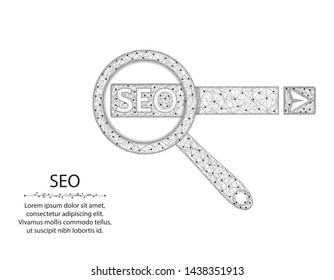 SEO low poly design, magnifying glass in polygonal style, find website in search engines. wireframe vector illustration made from points and lines on a white background