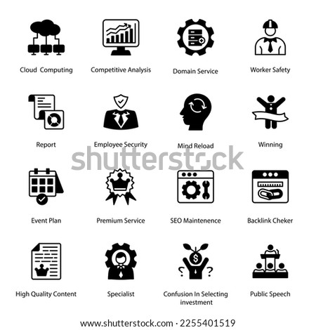 SEO Maintenance, Backlink Checker, Cloud Computing, Competitive Analysis, Domain Service, Worker Safety, Event Plan, Premium Service, High Quality Content, Glyph Icons - Solid, Vectors Stock photo © 