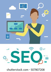 SEO. Man demonstrating web page design on tablet conceptual banner. Editable elements for website design Human characters with computer devices working for content search engine optimization. Vector