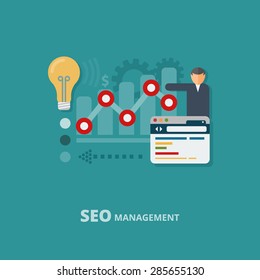 Seo management concept, website analytic, data analysis.  Flat design. Vector Illustration.