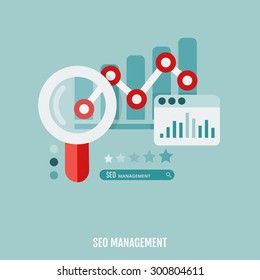 Seo management concept, website analytic, data analysis. Flat design. Vector Illustration.
